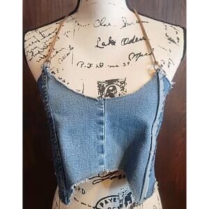 MPAZ studio Denim Corset Festival Halter Top S-M Leather strap tie lace up
